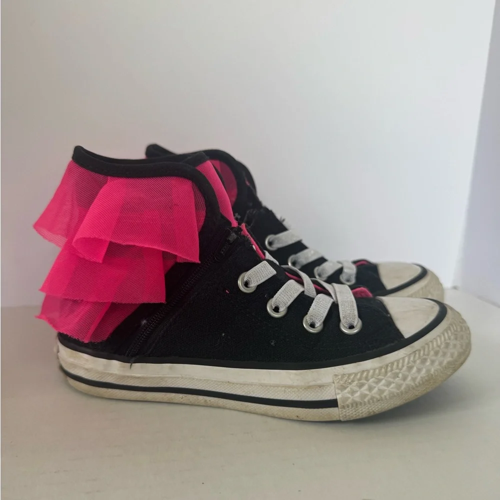 Converse Black and Pink High-Top Sneakers with Ruffled Detail youth size 11 kids